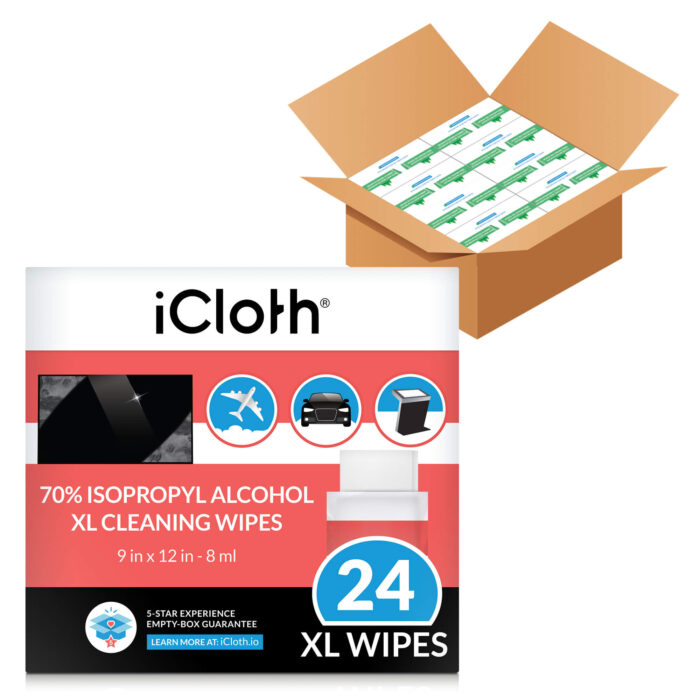 iCloth 70% Isopropyl Alcohol Cleaning Wipes – For Extra-Large Devices & Surfaces – Screen Cleaner For All Kinds of Large Electronics – Streak-Free Formula & Lint-Free Cloth – Box of 24.