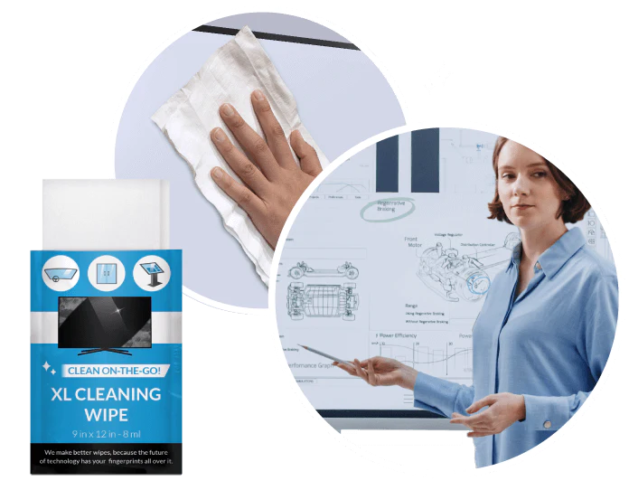 Our premium XL wipe has the optimal moisture level to safely and efficiently clean interactive panels, digital signage displays, shared workspaces, and a fleet of Chromebooks or tablets.